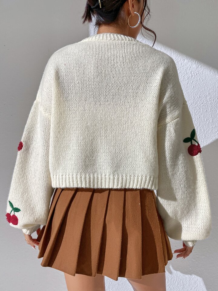 Cherry Embroidery Lantern Sleeve Cardigan,Long Sleeve Tops Fall Winter Cloth For Women