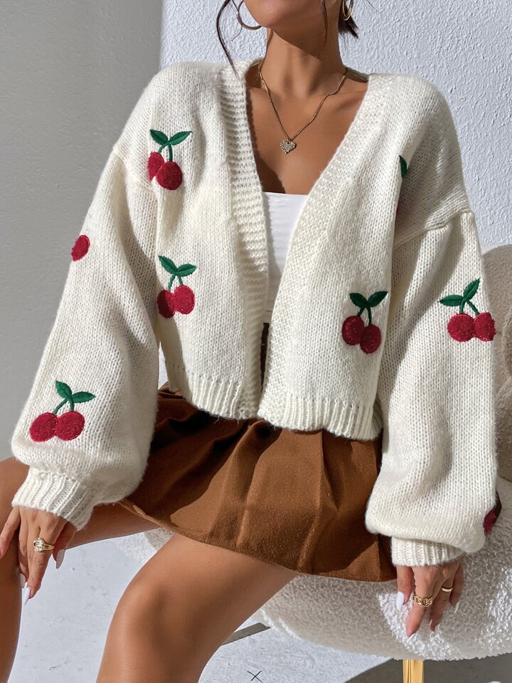 Cherry Embroidery Lantern Sleeve Cardigan,Long Sleeve Tops Fall Winter Cloth For Women