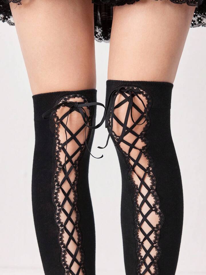 Kawaii 1 Pair Goth Chic Lace Trim Open Knit Over-The-Knee Socks With Elastic Straps