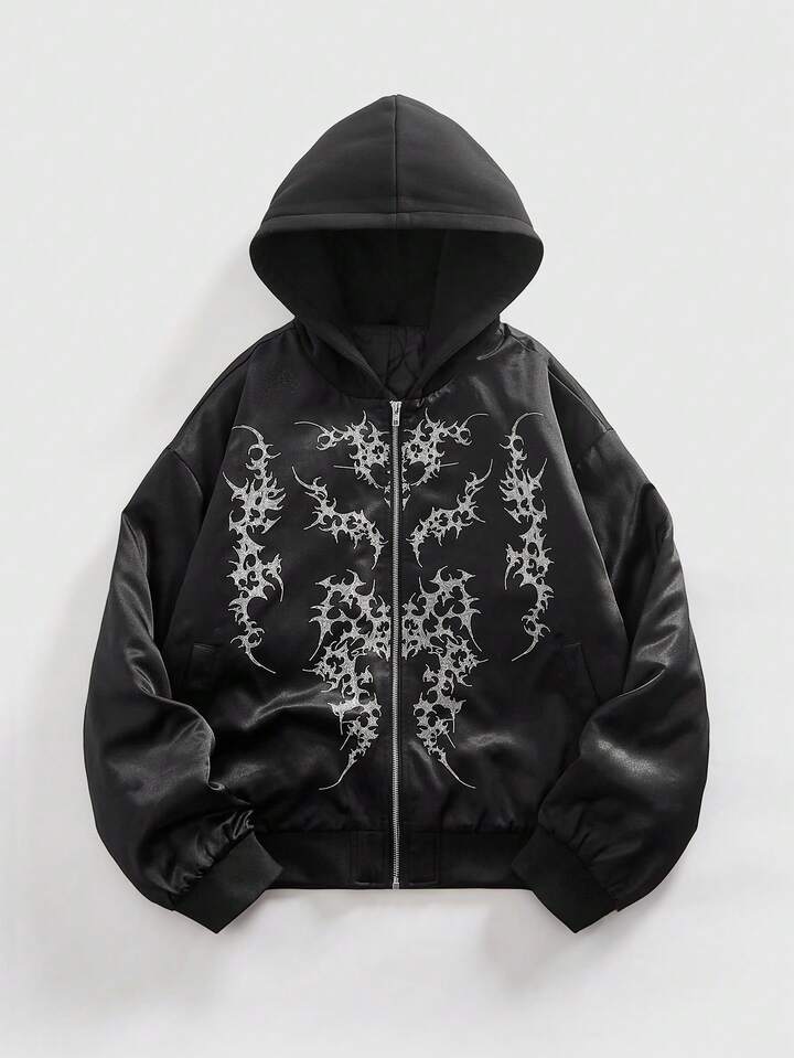 Men's Drop Shoulder Long Sleeve Gothic Casual Hooded Zip-Up Padded Coat, Winter