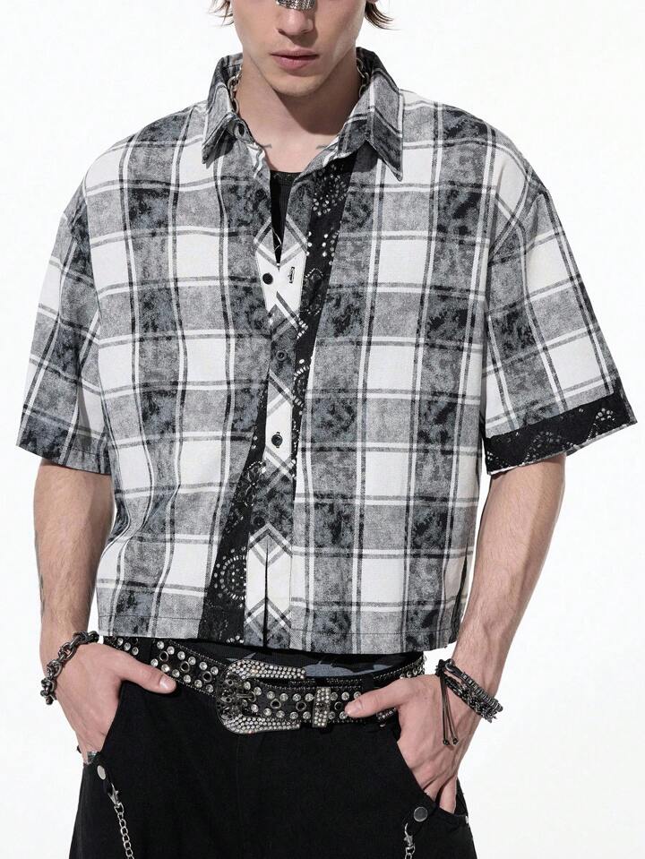 Casual Men's Plaid Patchwork Short Sleeve Shirt, Emo, 2000s Style