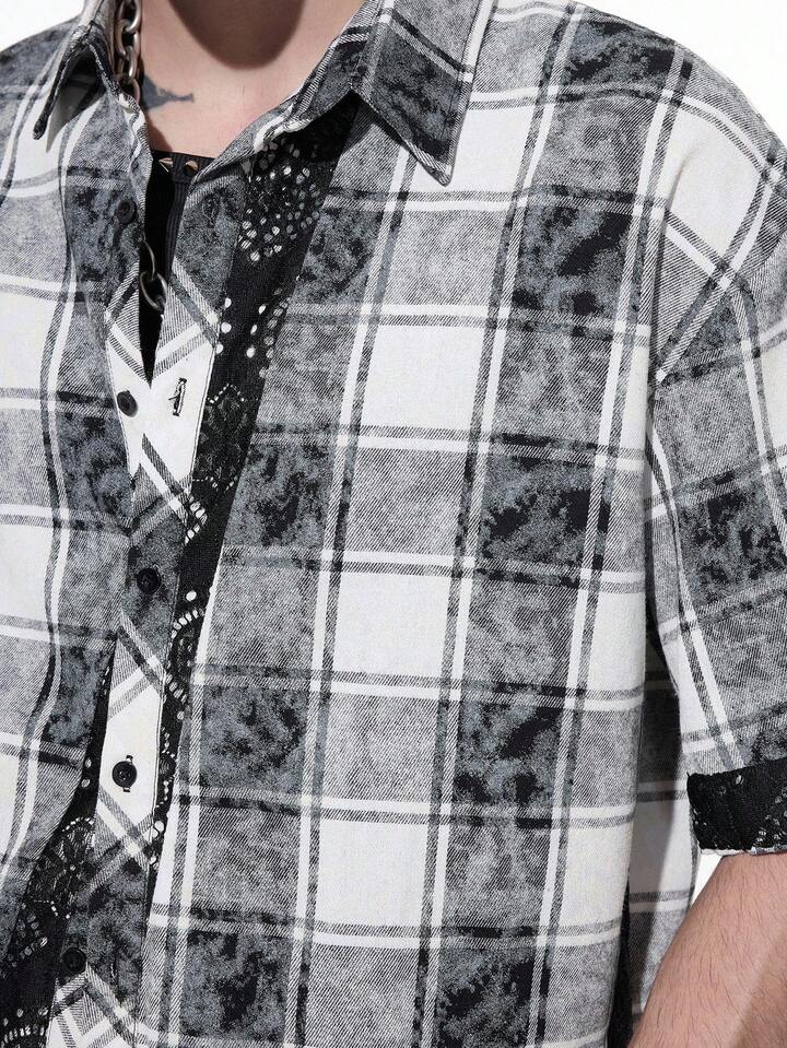 Casual Men's Plaid Patchwork Short Sleeve Shirt, Emo, 2000s Style