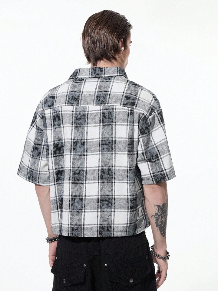 Casual Men's Plaid Patchwork Short Sleeve Shirt, Emo, 2000s Style