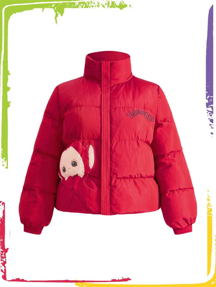 Teletubbies X ROMWE Plus Size Winter Warm Letter & Cartoon Pattern Stand Collar Padded Coat