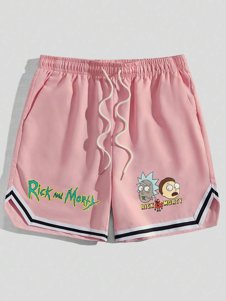 Rick and Morty | ROMWE Men's Cartoon Printed Striped Trim Basketball Shorts, School