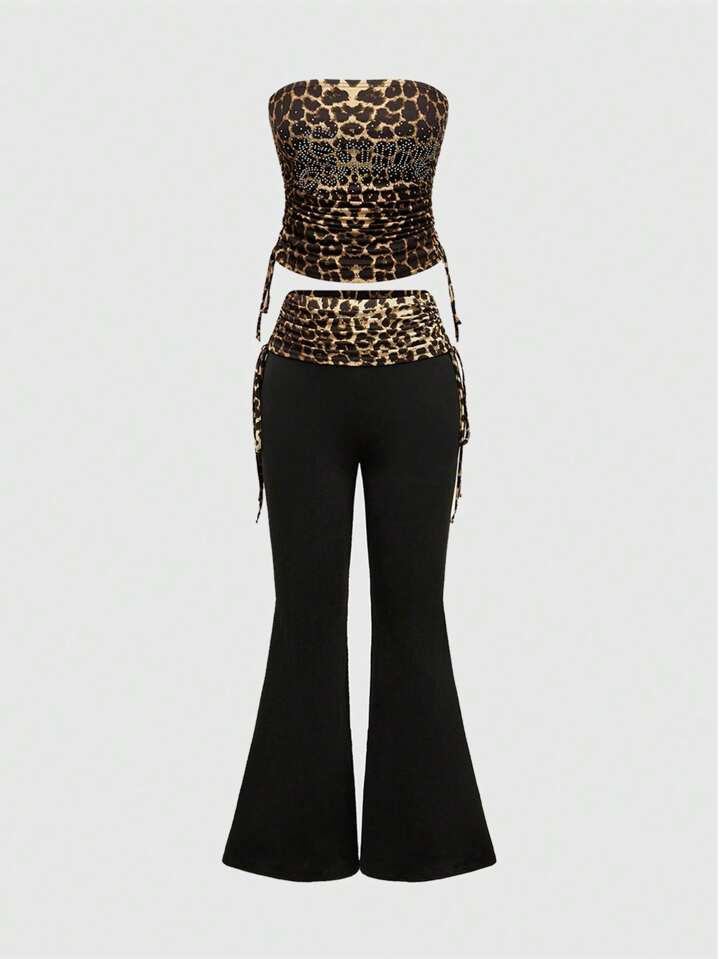 2pcs/Set Women Letter Print Rhinestone Leopard Pattern Side Drawstring Tube Top And Flare Pants, Sexy Outfit