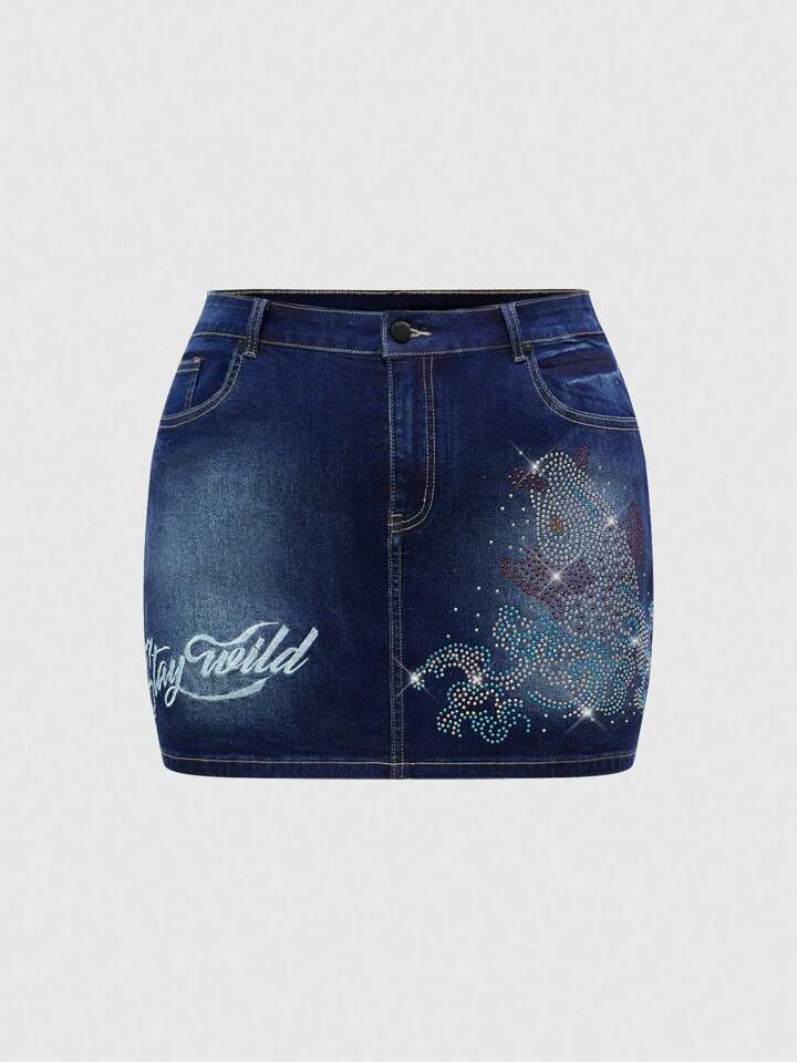 Grunge Punk Back To School  Vintage Carp & Wave Pattern Embroidered Rhinestone Decor Plus Size Women Mini Denim Skirt With Shorts
