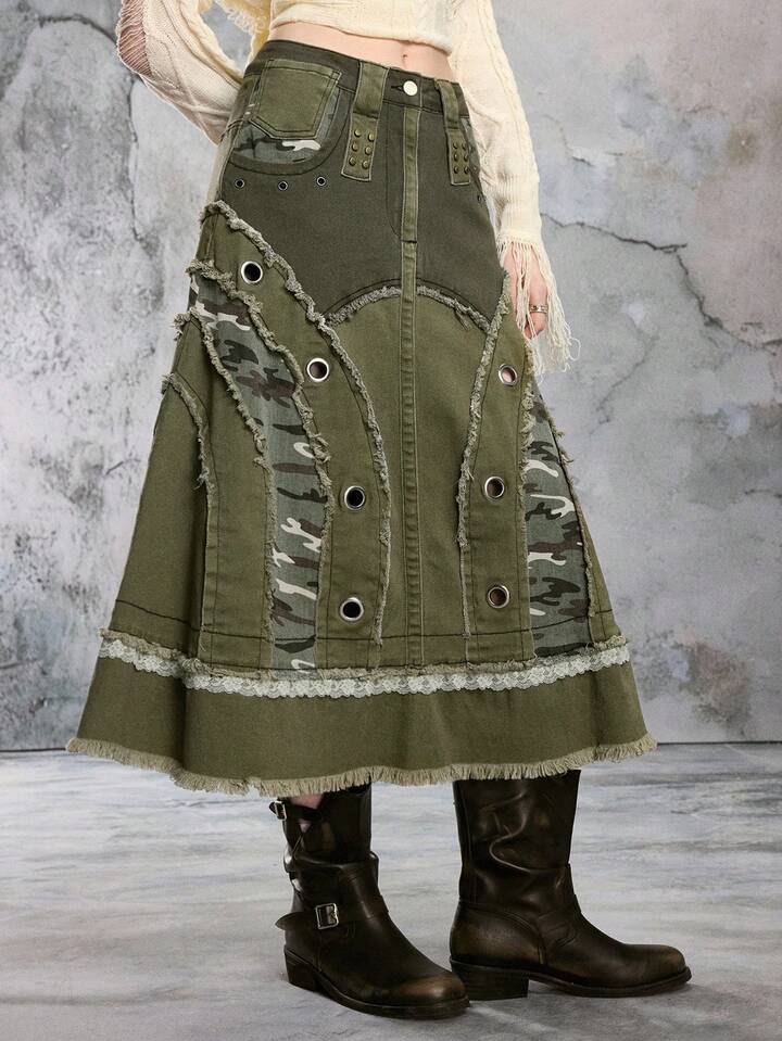 EDITION Kpop Vintage Patchwork Camouflage Sexy Denim Skirt