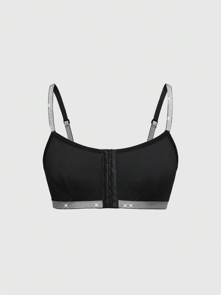 ROMWE Avant Fashionable Silver-Threaded Front Closure Wireless Bra For Women, Black