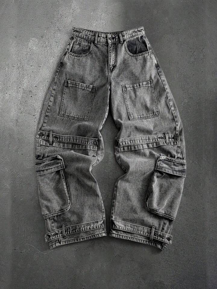 Street Life Men's Cargo Pocket Wide Leg Loose Fit Jeans