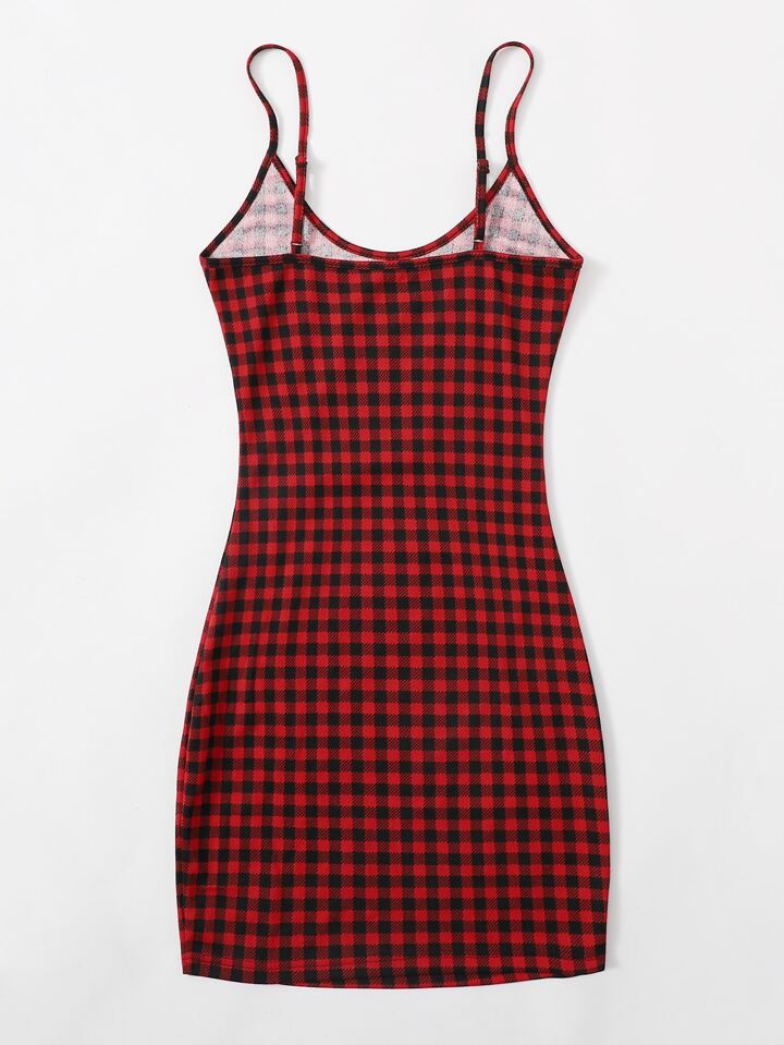 Buffalo Plaid Slit Cami Bodycon Mini Dress