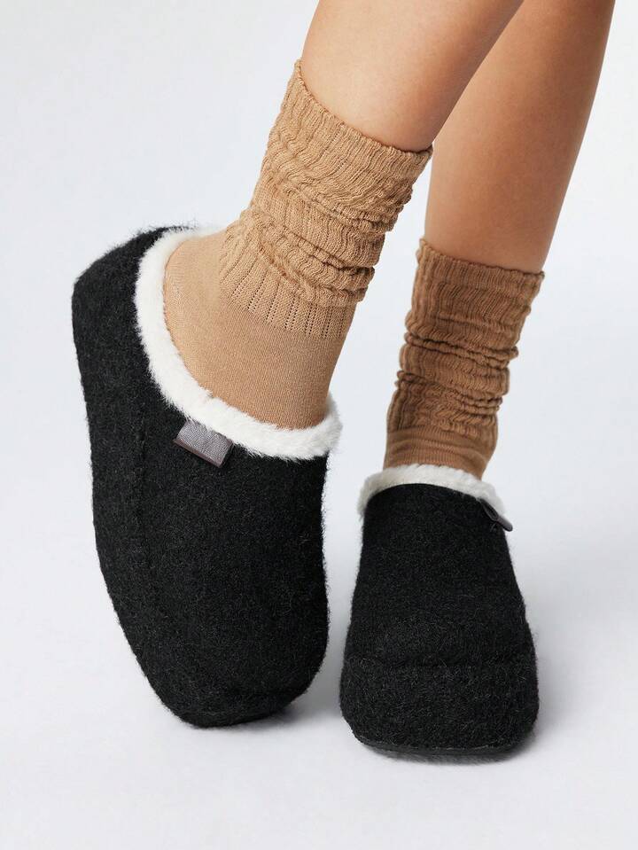 Kawaii Women's Black Slip-On Loafers, Warm Fuzzy Outdoor Slippers, Indoor Shoes, Ankle Boots And Short Boots