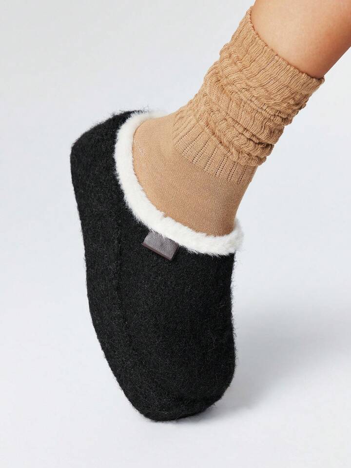 Kawaii Women's Black Slip-On Loafers, Warm Fuzzy Outdoor Slippers, Indoor Shoes, Ankle Boots And Short Boots