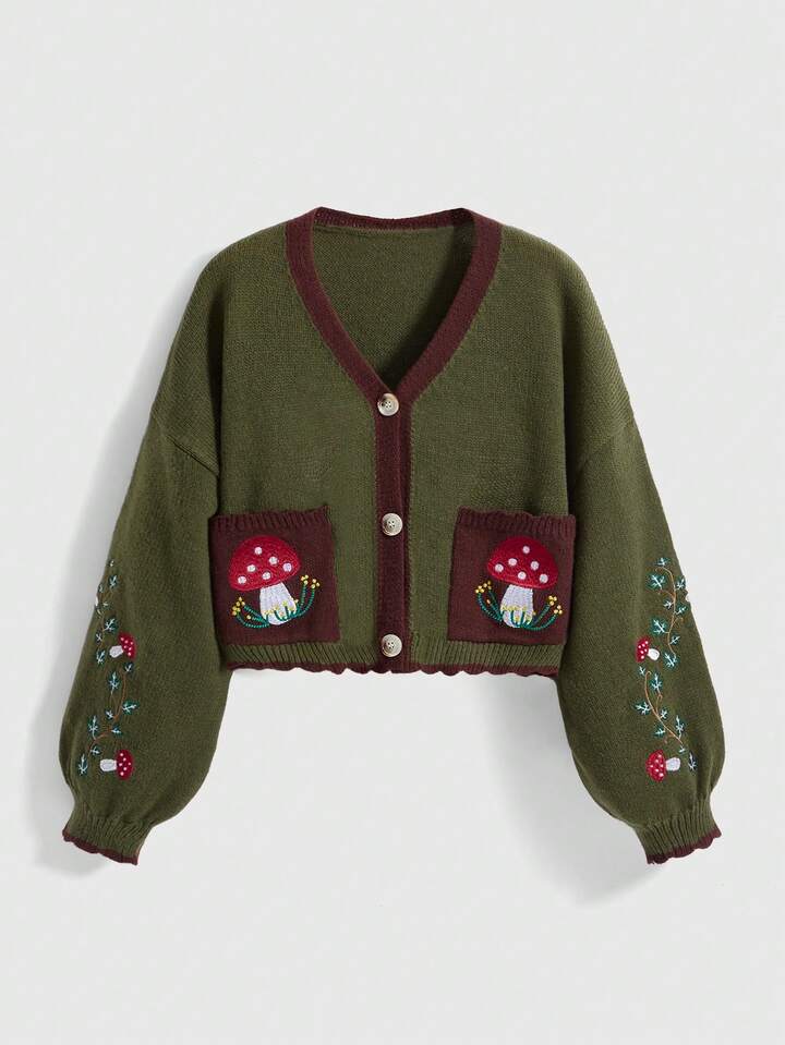 Fairycore Nature-Inspired Mushroom Embroidery Pocket Cardigan Sweater For Women, Winter