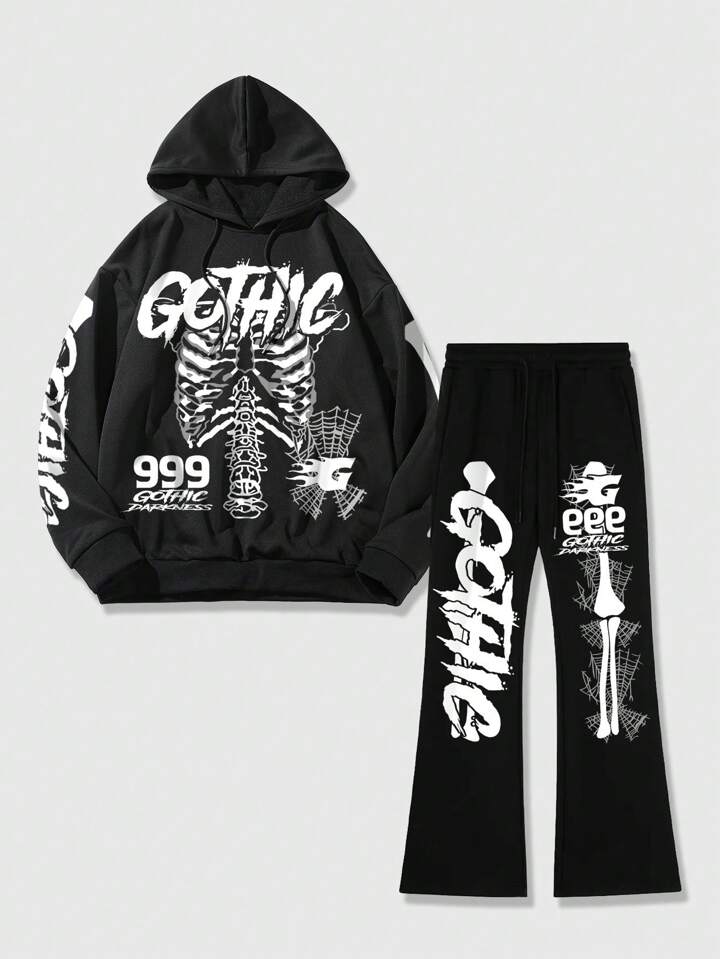 ROMWE Avant 2pcs Men's Casual Skull & Letter Print Drawstring Hooded Sweatshirt And Sweatpants Set, School
