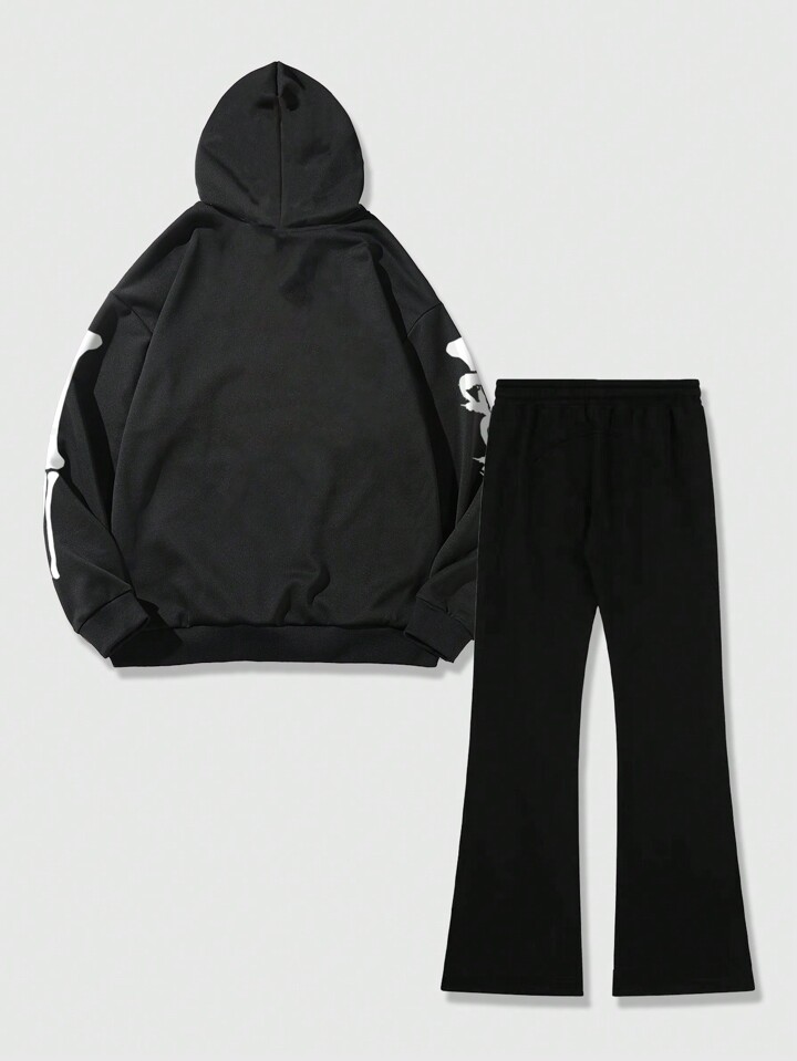 ROMWE Avant 2pcs Men's Casual Skull & Letter Print Drawstring Hooded Sweatshirt And Sweatpants Set, School