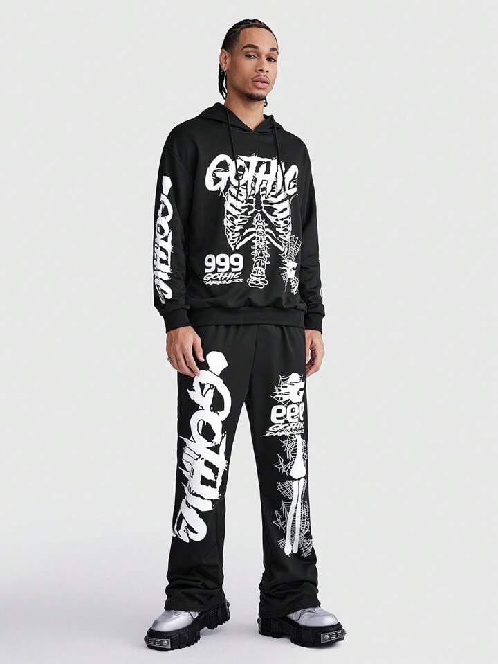 ROMWE Avant 2pcs Men's Casual Skull & Letter Print Drawstring Hooded Sweatshirt And Sweatpants Set, School