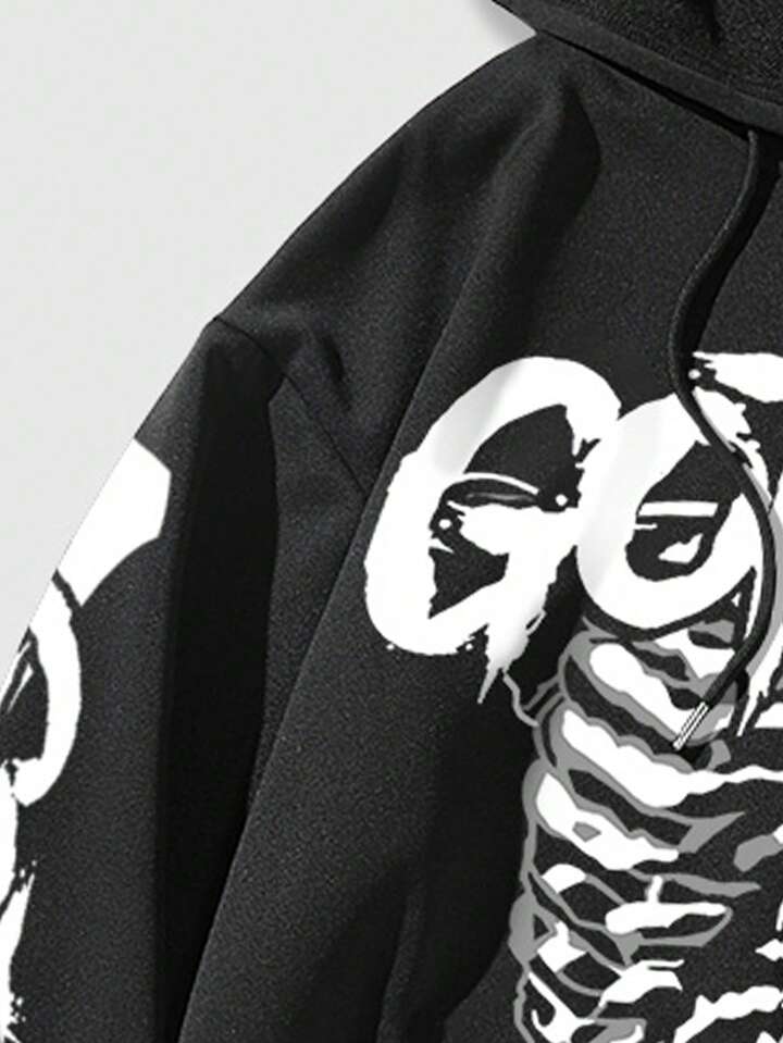 ROMWE Avant 2pcs Men's Casual Skull & Letter Print Drawstring Hooded Sweatshirt And Sweatpants Set, School 5 ROMWE Avant 2pcs Men's Casual Skull & Letter Print Drawstring Hooded Sweatshirt And Sweatpants Set, School