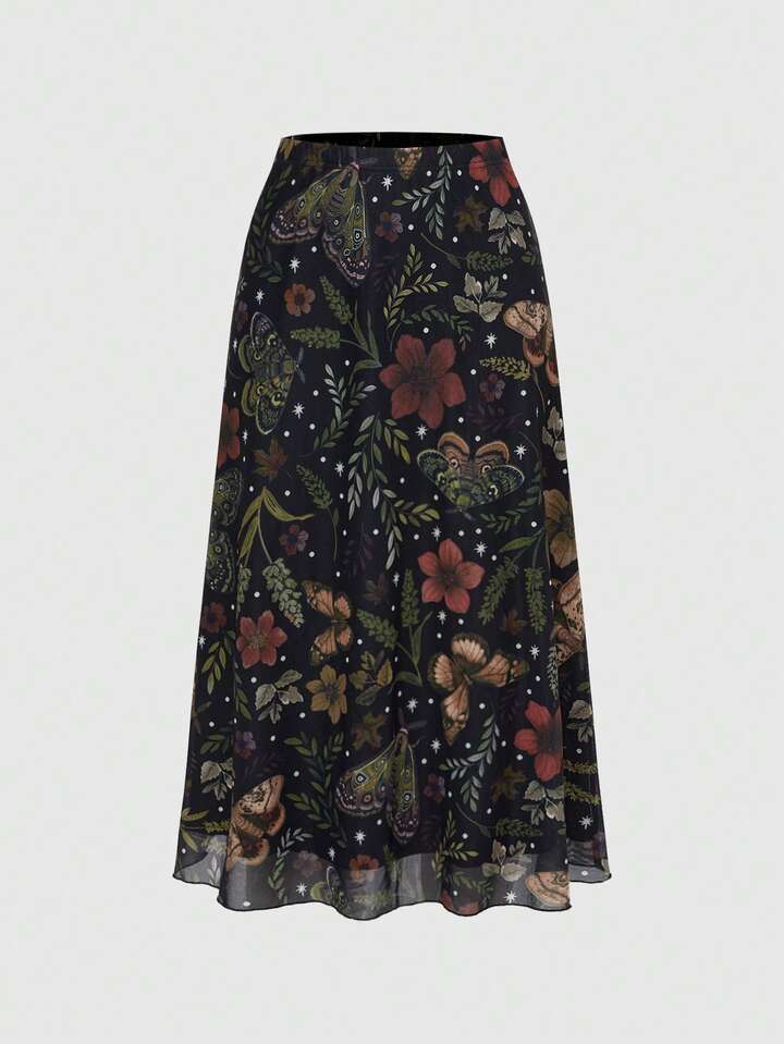 Fairycore Women's Dark Gothic Style Bat, Skull, Moon, Pumpkin Print A-Line Punk Skirt
