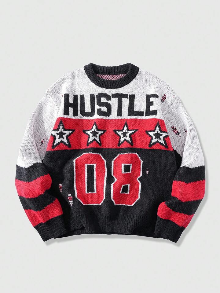 Men's Preppy Casual Pullover Sweater With Letter & Pentagram Jacquard Pattern, Autumn/Winter, Long Sleeve Top