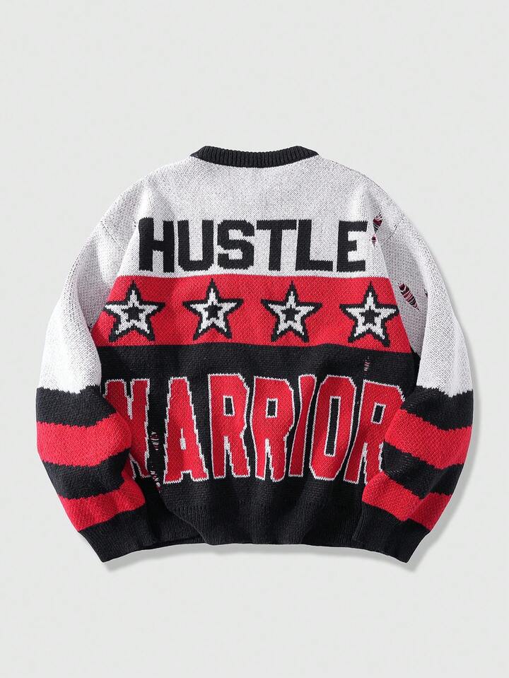 Men's Preppy Casual Pullover Sweater With Letter & Pentagram Jacquard Pattern, Autumn/Winter, Long Sleeve Top