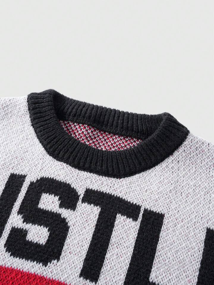 Men's Preppy Casual Pullover Sweater With Letter & Pentagram Jacquard Pattern, Autumn/Winter, Long Sleeve Top