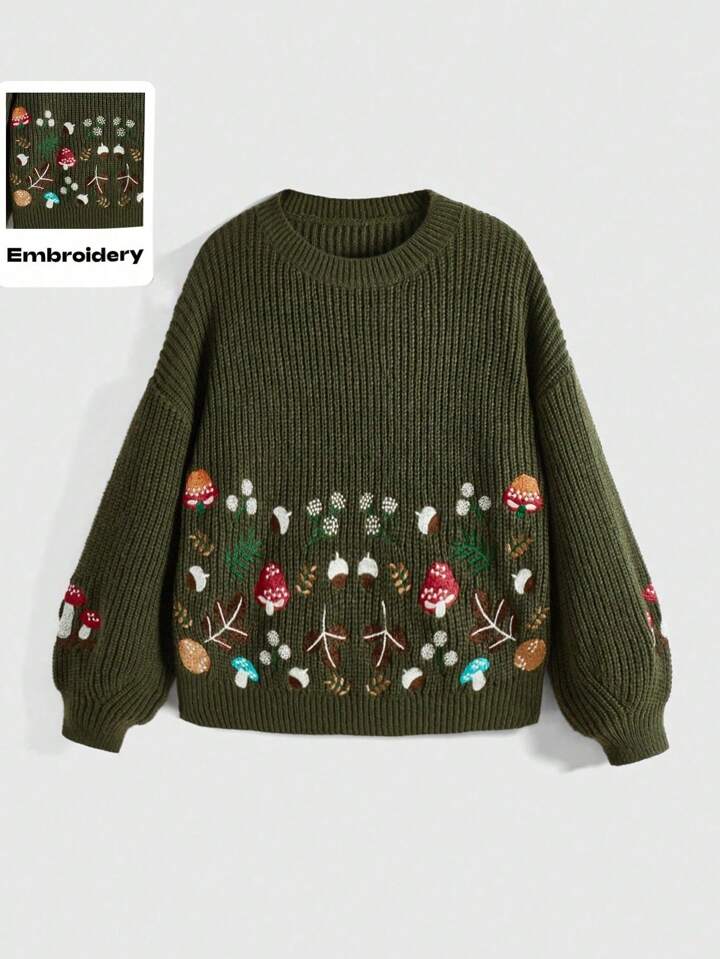 Fairycore Plus Size Crew Neck Long Sleeve Embroidered Minimalist Casual Top Sweater, Winter