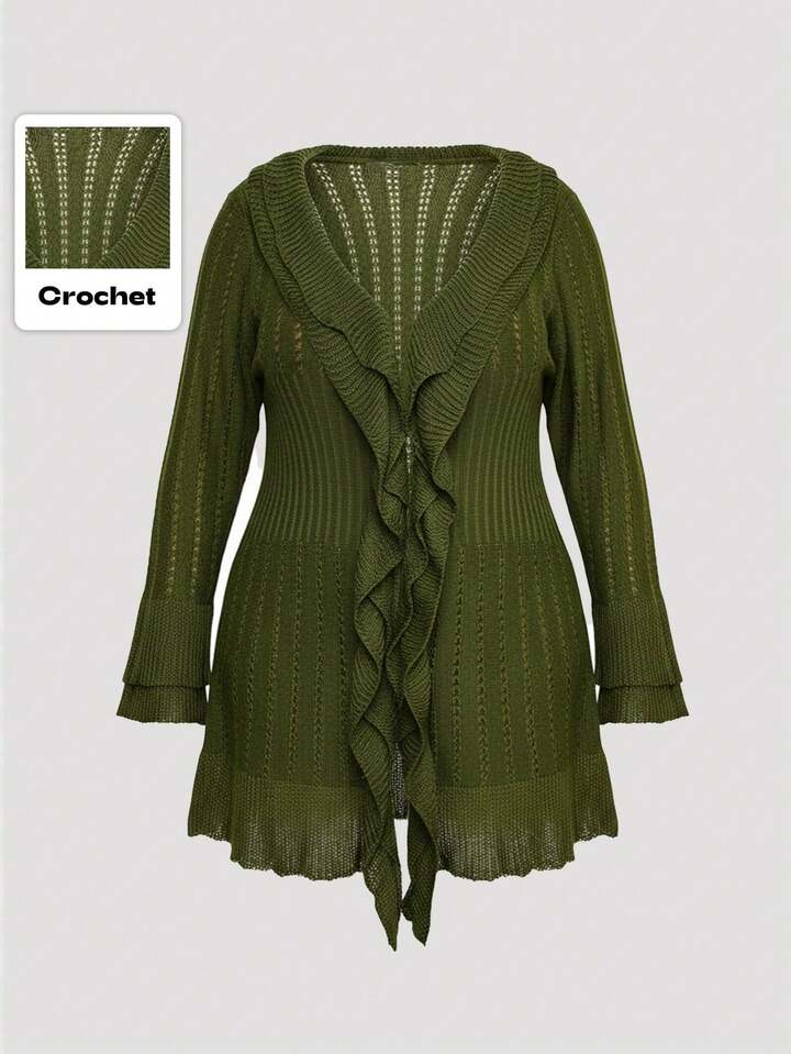 Fairycore Plus Size Vintage Green Olive Green Double-Layer Ruffle Flare Sleeve Knit Cardigan, Autumn/Winter Plus Size Women Sweater Cardigan Jacket