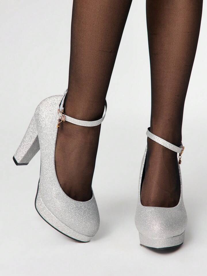 Women's Silver High Heel Shoes, Closed Toe, Strap , Stiletto Heel, Waterproof Platform, Formal Work Shoes, Low Heel Dress Shoes For Christmas
