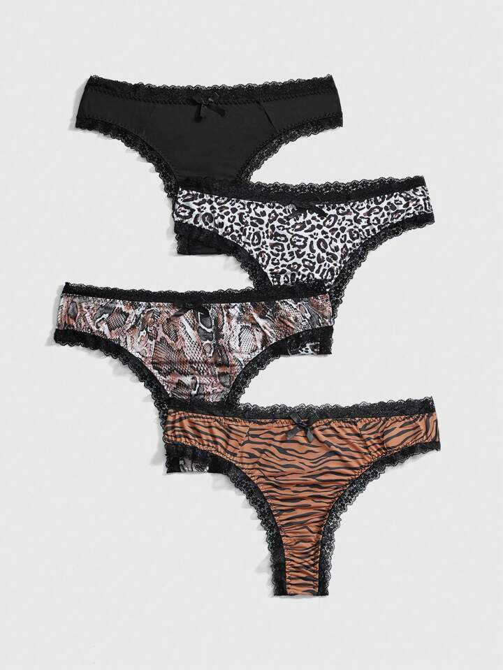 Grunge Punk 4pcs Pack Plus Size Dark Punk Y2K Zebra, Leopard, Snake Patterns Briefs/Panties
