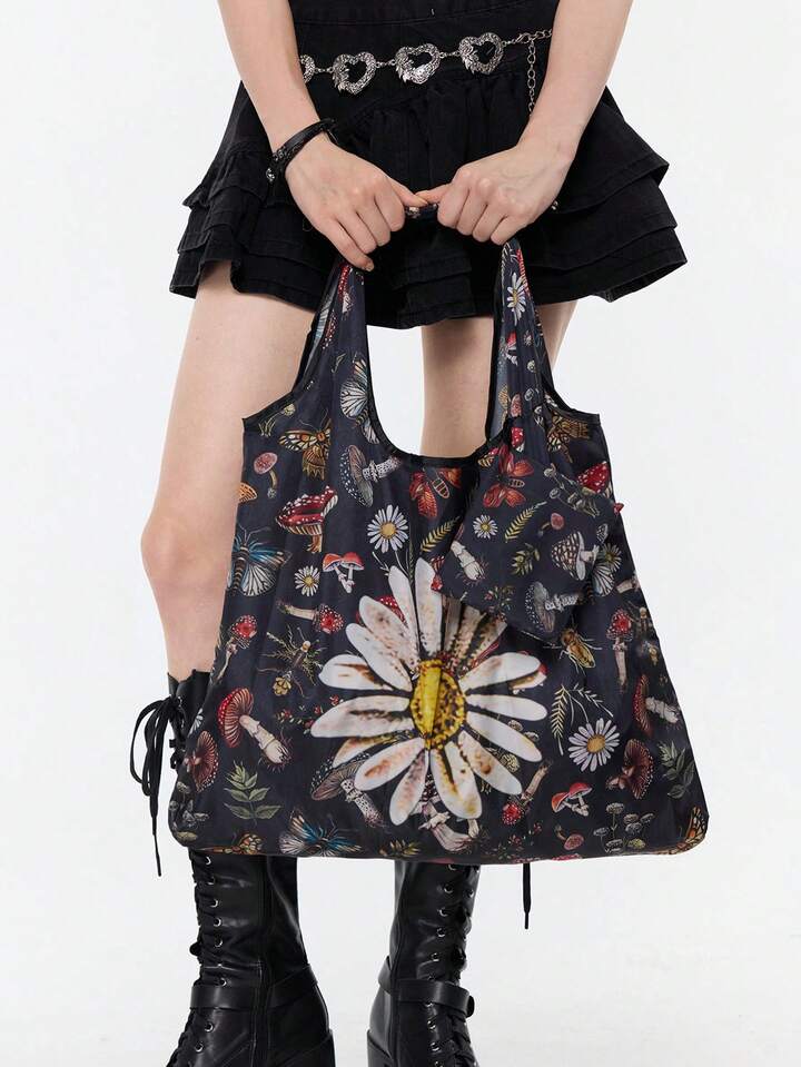 Fairycore Star Print Large Capacity Foldable Shopper Bag, Stars Hollow Women Bag