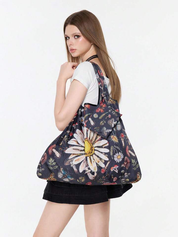 Fairycore Star Print Large Capacity Foldable Shopper Bag, Stars Hollow Women Bag