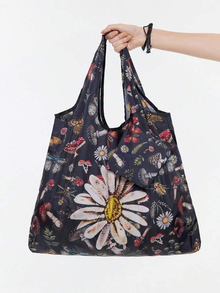 Fairycore Star Print Large Capacity Foldable Shopper Bag, Stars Hollow Women Bag