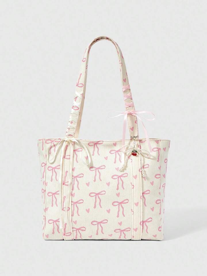 Kawaii Beige Corduroy Fashionable Bow & Heart Print Cute Large Capacity Ribbon Women Tote Bag