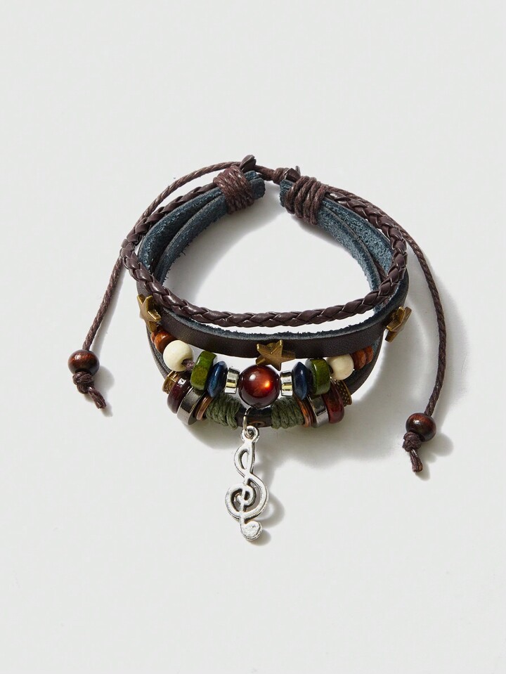 Hippie Bohemian Style Pu Leather Chain Bracelet With Stars, Stackable Hand Jewelry For Women And Girls