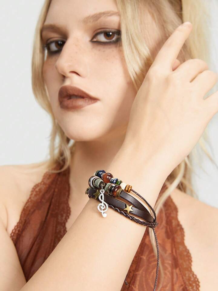 Hippie Bohemian Style Pu Leather Chain Bracelet With Stars, Stackable Hand Jewelry For Women And Girls