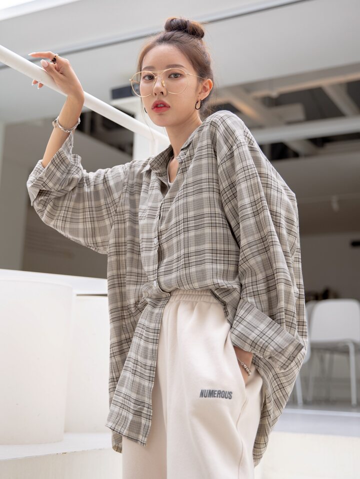 Plaid Print Drop Shoulder Oversized Shirt,Long Sleeve Tops,Flannels Women,Fall Women Clothes