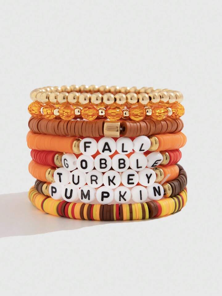 Fairycore 8pcs/Set Thanksgiving Letter Beaded Crystal Polymer Clay Charm Bracelets, Handmade Maple Leaf & Pumpkin Charm Bracelets, Autumn Thanksgiving Jewelry Gift For Wife/Daughter, Halloween