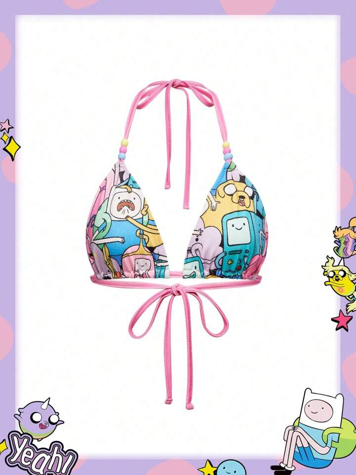 Adventure Time X ROMWE Y2K Cute Cartoon Fully Allover Print Beaded Detail Halter Top