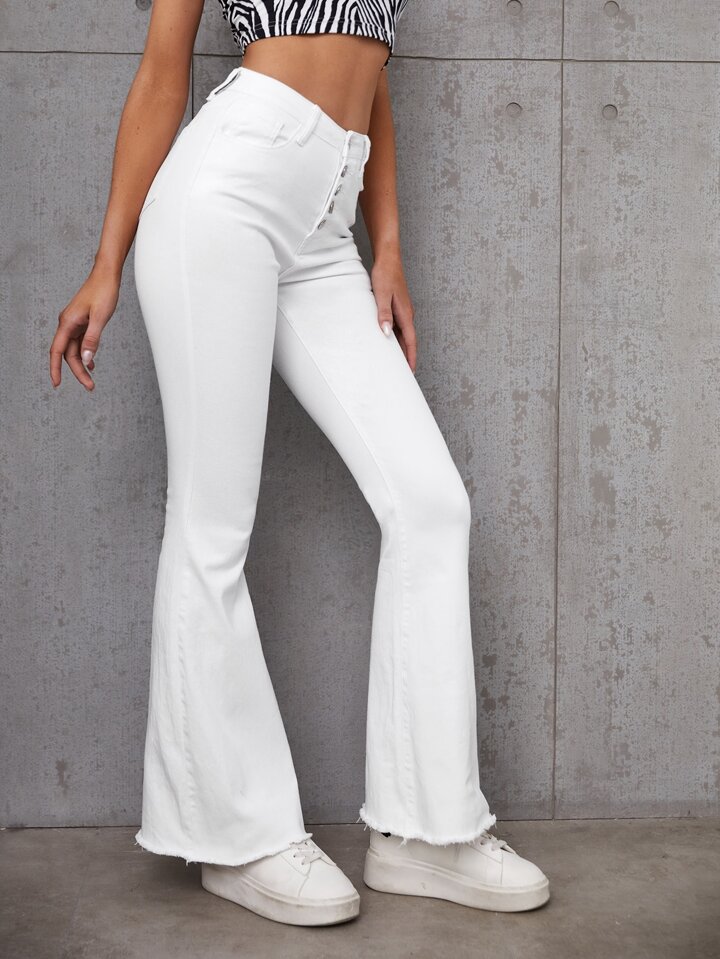 Button Fly Raw Hem Flare Leg Jeans