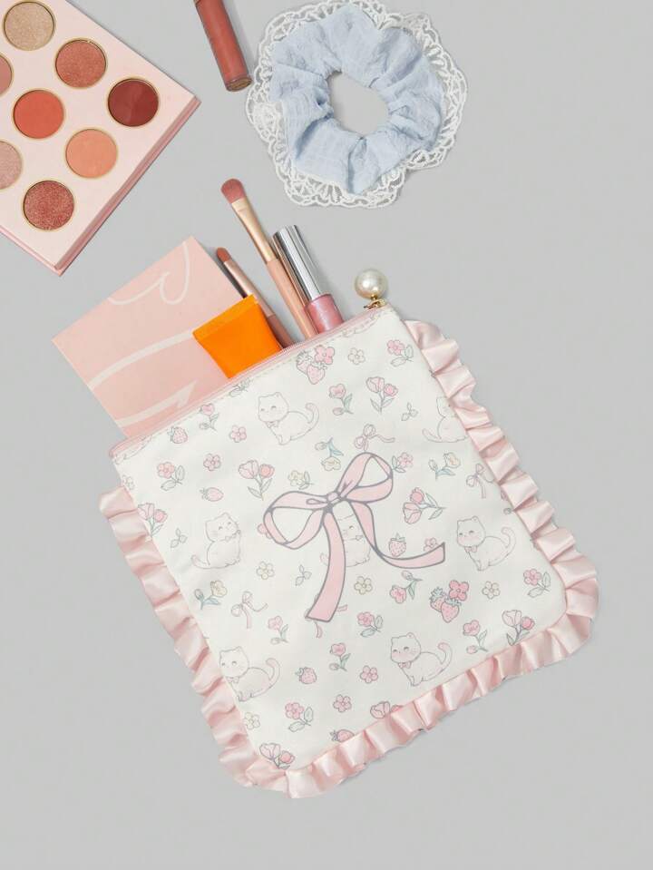 Kawaii 2pcs Set Cute Floral Bowknot Print Large Capacity Portable Makeup Bag With Scrunchie