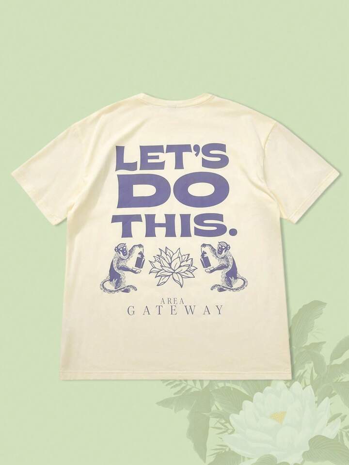 The White Lotus Men's Ivory Tee With Lotus Graphic, Suitable For Spring/Summer, Cartoon Style Minimalist Line Art