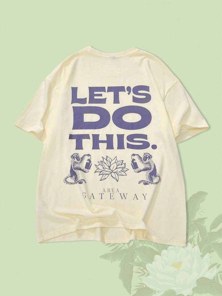 The White Lotus Men's Ivory Tee With Lotus Graphic, Suitable For Spring/Summer, Cartoon Style Minimalist Line Art