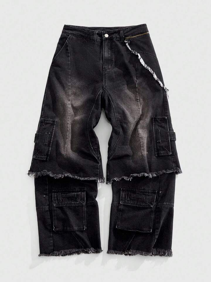 Grunge Punk Men's KPOP Fashion Avant Washed Distressed Cargo Denim Jeans, Grunge