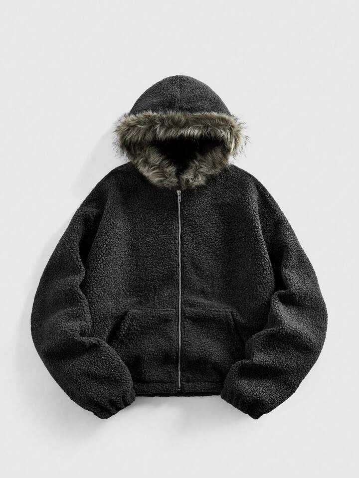 Casual Men's Fashionable Furry Trim Hooded Long Sleeve Jacket, Autumn/Winter