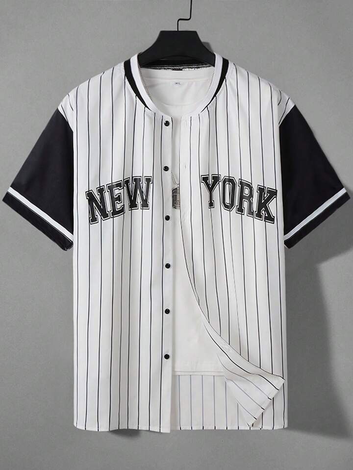 Guys Striped & Letter Graphic Baseball Collar Shirt Without Tee
