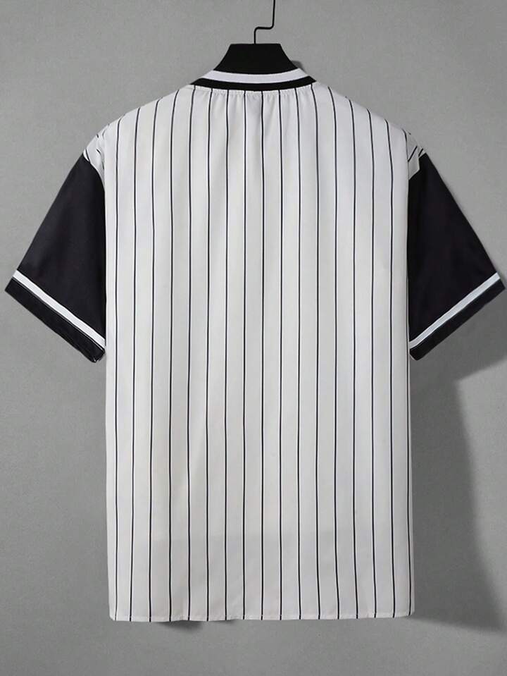 Guys Striped & Letter Graphic Baseball Collar Shirt Without Tee