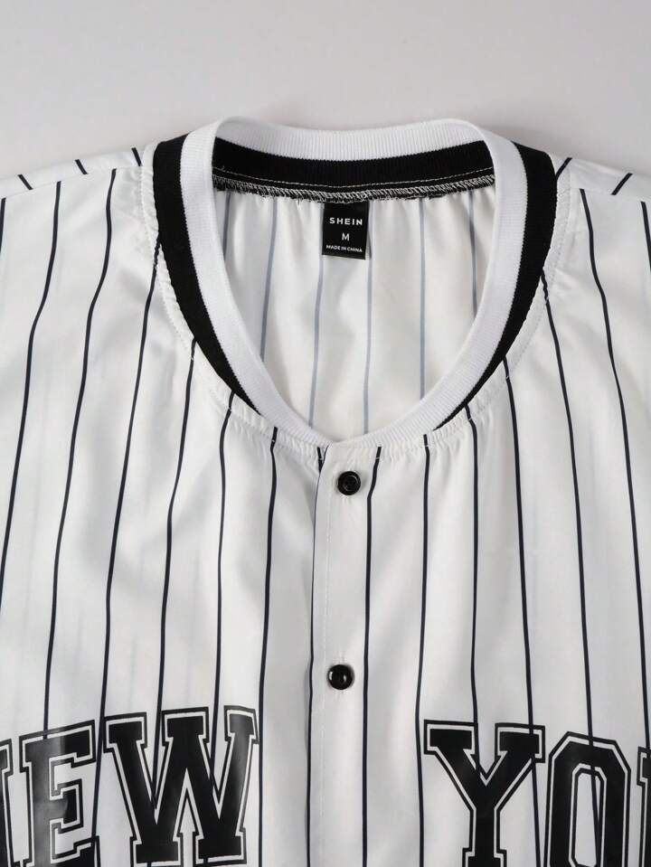 Guys Striped & Letter Graphic Baseball Collar Shirt Without Tee