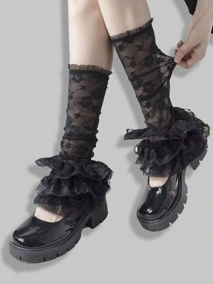 Kawaii Women's Fashion Casual Versatile Breathable Comfortable Black Lace Leg Warmers