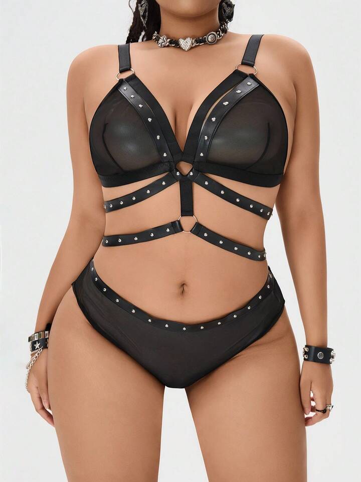 Grunge Punk Plus Size Dark Punk Mesh Triangle Cup Bra And Panty Sexy Lingerie Set